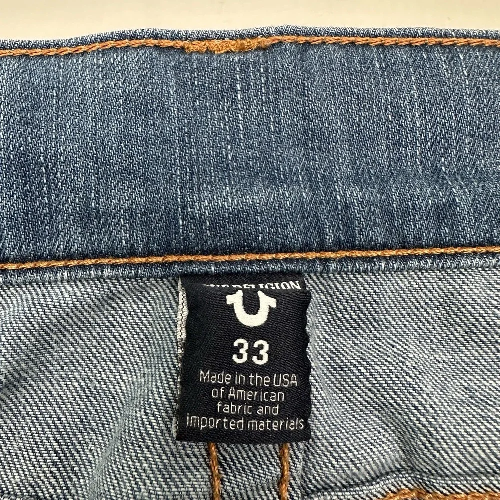 True Religion Geno Flap Relaxed Slim Jeans Mens 33x34 Distressed Blue Stretch